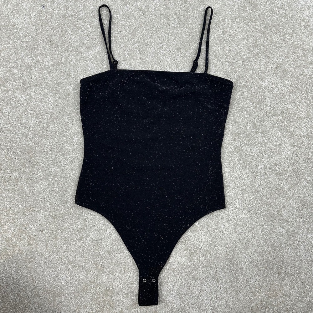 Garage Black Glitter Bodysuit Square Neck Adjustable Straps Metallic Medium